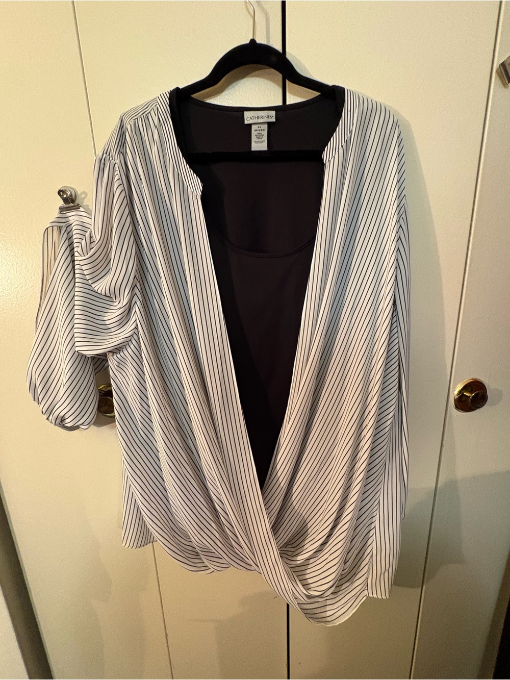 Catherines Black and White Striped Faux-Layer Draped Blouse